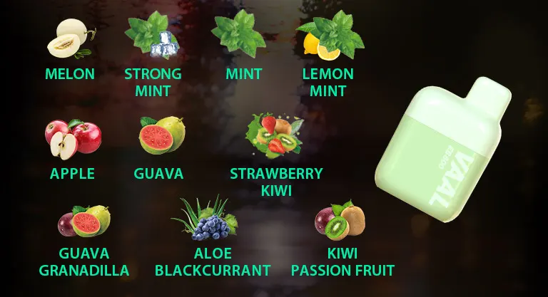 The Vaal EB800 is available in kinds of different flavors, including Apple, Guava, Guava Granadilla, Strawberry Kiwi, Kiwi Passion Fruit, Melon, Mint, Strong Mint, Lemon Mint, Aloe Blackcurrant.
