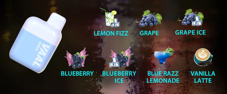 The Vaal EB800 is available in kinds of different flavors, including Lemon Fizz, Grape, Grape Ice, Vanilla Latte, Blueberry, Blueberry Ice, Blue Razz Lemonade.