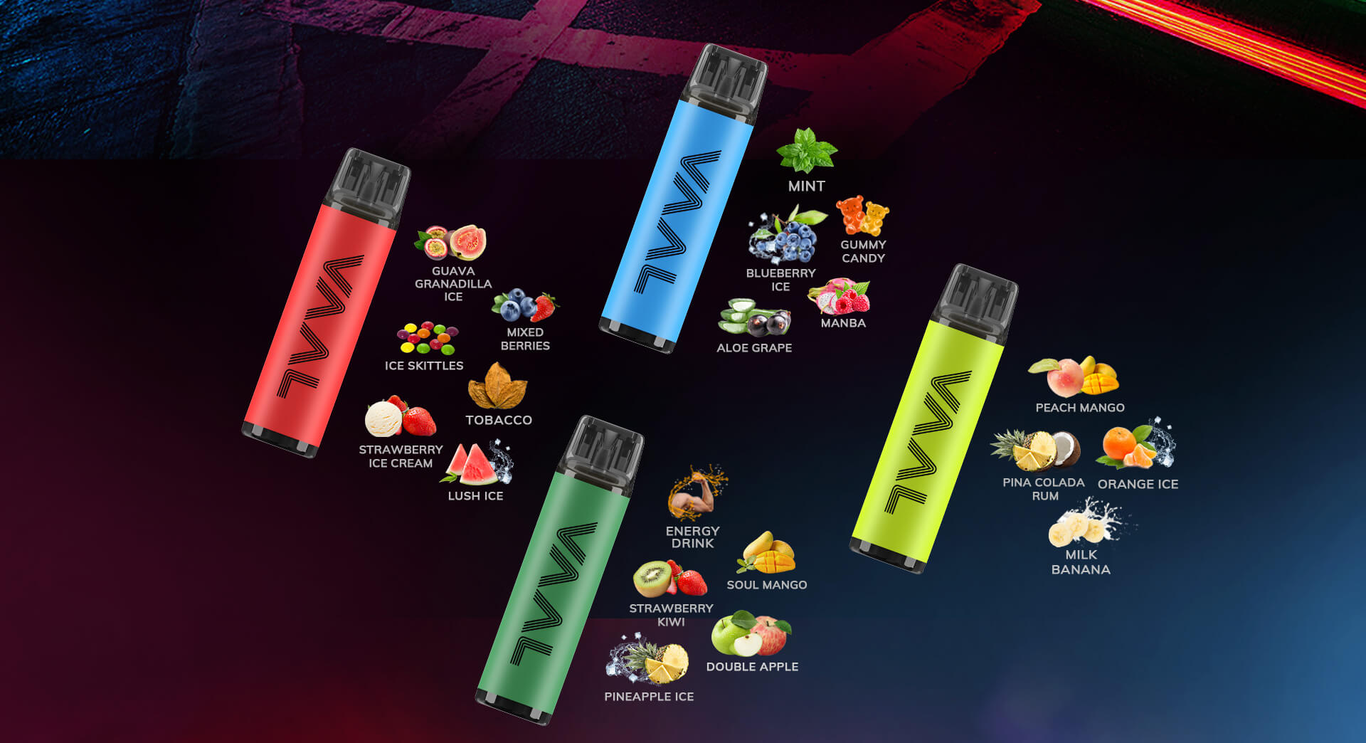 The Vaal 500C comes in a vast array of different flavors, including Tobacco, Mint, Milk Banana, Lush Ice, Blueberry Ice, Energy Drink, Pineapple Ice, Orange Ice, Ice Skittles, Mamba, Pina Colada Rum, Soul Mango, Strawberry Kiwi, Guava Granadilla Ice, Gummy Candy, Peach Mango, Aloe Grape, Mixed Berries, Strawberry Ice Cream, Double Apple.