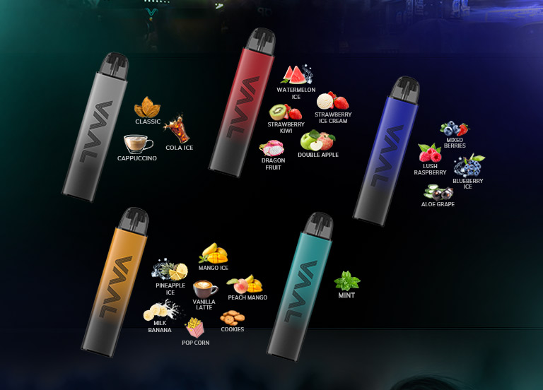 The Vaal CC500 comes in a vast array of different flavors, including Classic, Cappuccino, Cola Ice, Watermelon Ice, Strawberry Ice Cream, Strawberry Kiwi, Double Apple, Dragon Fruit, Mixed Berries, Lush Raspberry, Blueberry Ice, Aloe grape, Mango Ice, Pineapple Ice, Vanilla Latte, Peach Mango, Milk Banana, Pop Corn, Cookies and Mint.